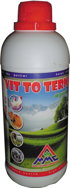 vit to terna adalah suplemen untuk ternak yang terbuat dari bahan yang berkualitas, mengandung nutrisi Asam asam amino esensial, mineral-mineral dan vitamin-vitamin, serta mikrobia pendukung pencernakan ternak seperti mikrobia asam laktat, mikrobia selulotik, mikrobia amilolitik. Selain menambah nutrisi secara langsung vit to terna akan mengoptimalkan pakan yang diberikan pada ternak untuk dirubah menjadi daging/telur, energi/kalor dan meningkatkan daya tahan ternak. Dalam dunia peternakan terutama peternakan produksi dagang banyak permasalahan yang dihadapi, mulai dari pengelolaan kandang, benih, pakan, hama dan penyakit, dan pemasaran. Sering peternak mengeluhkan pakan sudah sesuai dengan standat mutu dan kuantitas yang diberikan, tapi daging yang didapat masih kurang memuaskan, bahkan terlihat ternak kurang sehat dan nafsu makan yang kurang baik. Pada kenyataannya pemberian pakan pada ternak ternyata masih banyak nutrisi yang tidak terserap oleh pencernaan ternak. Nutrisi yang tidak bisa diserap ini baik protein, karbihidrat, lemak, ataupun mineral-mineral yang lain akan terbuang bersama kotoran. Kondisi ini bisa disebabkan banyak hal, seperti pengelolaan kandang yang kurang baik, sirkulasi udara, pengelolaan kotoran ternak yang ceroboh bisa juga dikarenakan memang dalam pakan yang diberikan unsur-unsur nutrisi yang dibutuhkan oleh ternak dalam keadaan kurang ataupun memang kondisi pencernakan ternak yang kurang baik. Hal ini akan berdampak pada kurang optimalnya nutrisi pakan untuk diserap oleh ternak yang dipelihara.